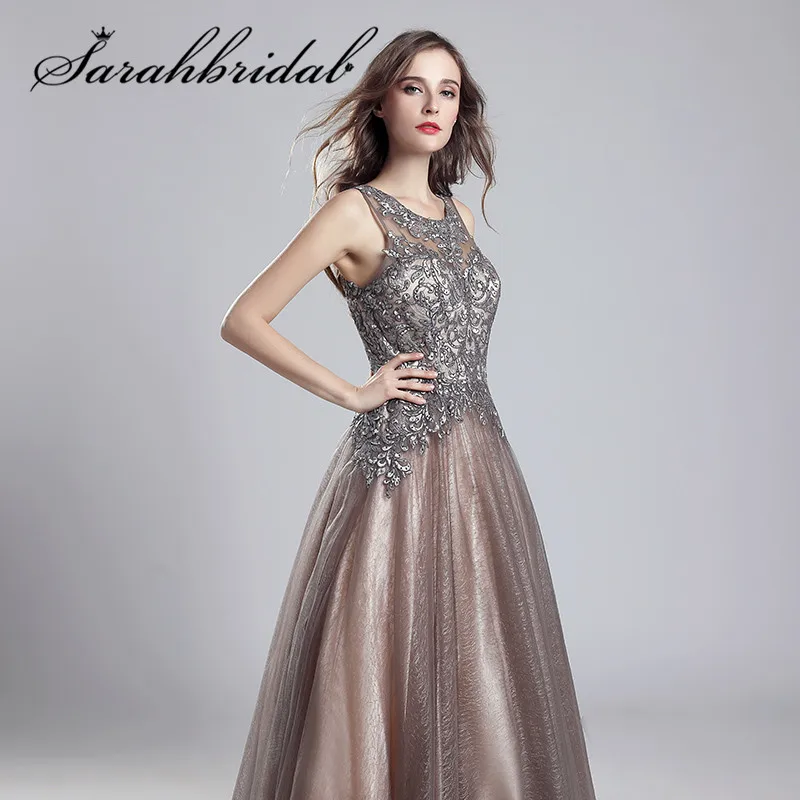 Elegant Evening Dresses Long Mocha Tulle Floor Length Vestidos De Festa Longo O-Neck Handmade Embroidery Prom Party Gowns CC560