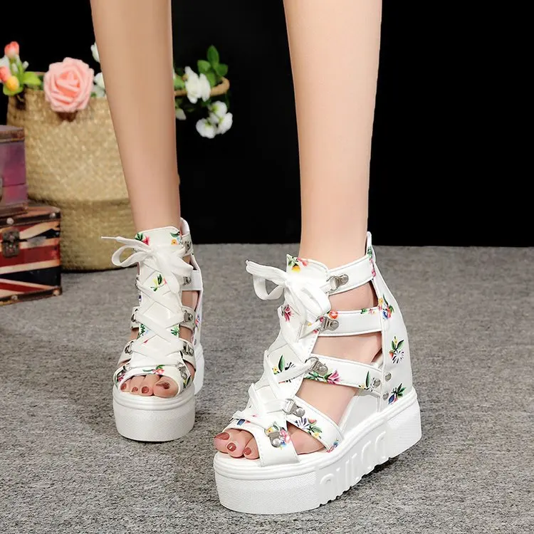 

Summer 2019 Women Roman Sandals High Heels Platform Sandals Muffin Bottom Printing Cross Bandage Fish Mouth Wedge Shoes Black