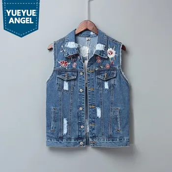 

Ethnic Style Single Breasted Retro Folk Embroidery Floral Embellished Womens Colete Feminino Fashion Ripped Korea Jean Jacket