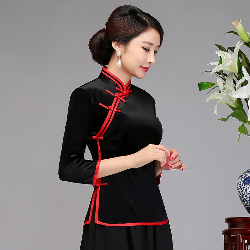 Новая Черная Летняя женская рубашка Топы традиционная китайская велюровая Блузка Женская Китайский воротник Qipao Mujer Camisa M L XL XXL XXXL