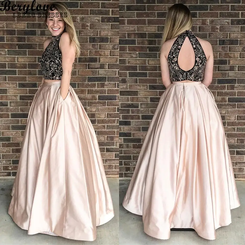 

Champagne Two Pieces Evening Dresses 2019 High Neck Backless Beaded Satin 2 Piece Evening Dress Plus Size Formal Gowns Evening