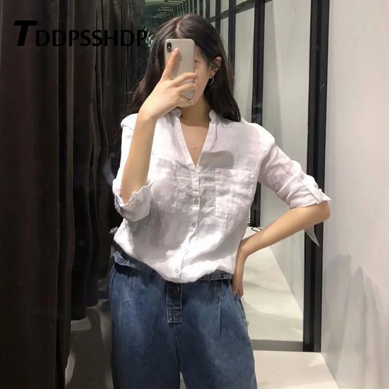 

Flax Pocket White Color Women Blouse 2019 Spring Elegant Single Breasted V Neck Female Blouses