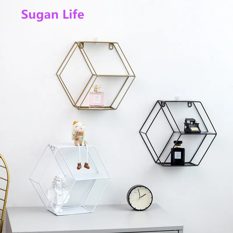 Sugan Life Nordic Gold Racks Wrought Iron Hexagon Grid Wall Racks Home Decoration Background
