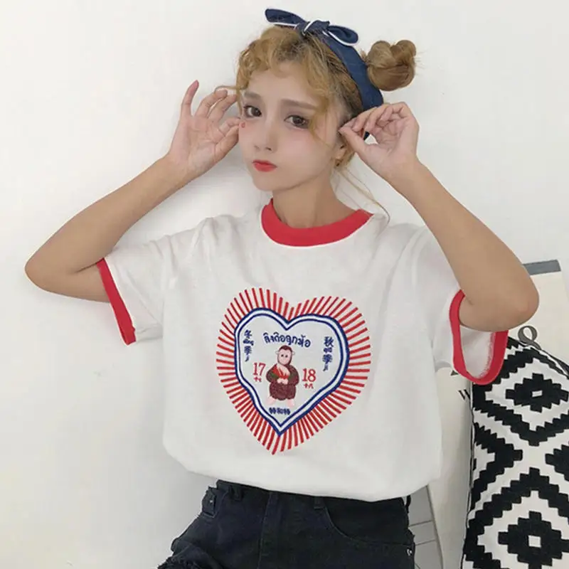 Коробова Harajuku вышивка футболка 2018 Лето Контрастность Цвет Футболка короткий