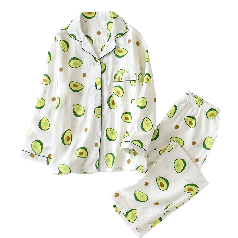 Goede 2020 Dames Pyjama Set 100% Katoenen Gaas Cartoon Avocado Gedrukt 2 Stuks Turn Down Hals Shirt + Broek Comfort verse En Natuur Vrouwen