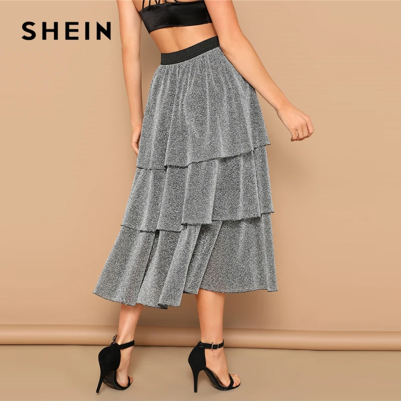 SHEIN Блестящая Юбка С Оборкой И Контрастной Талией Стильная Макси Оборками