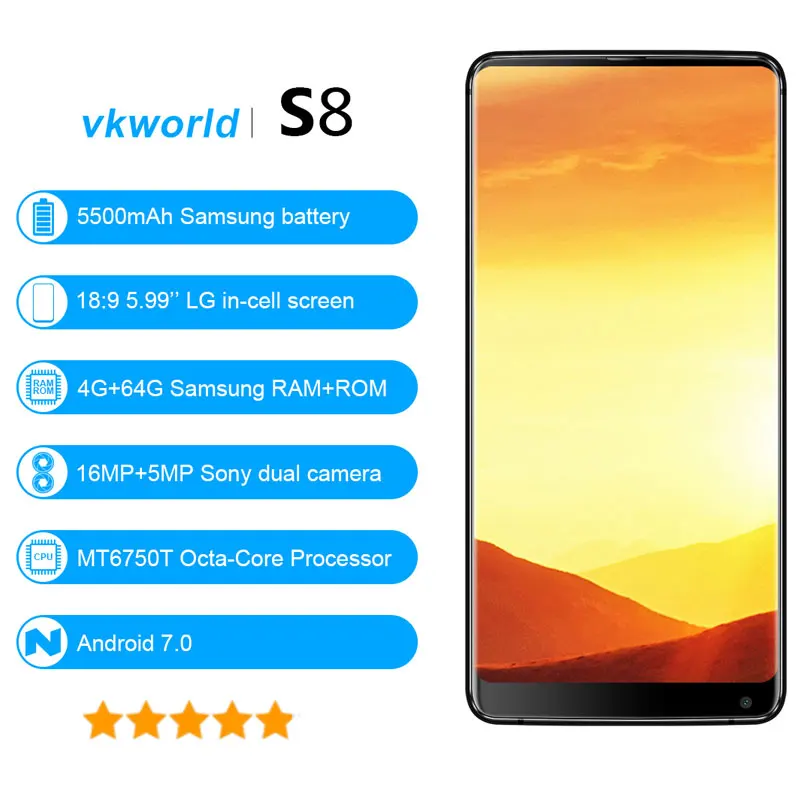 Vkworld S8 смартфон 5 99 ''Full Экран 4 Гб Оперативная память + 64 Встроенная 2160*1080 16MP 13MP