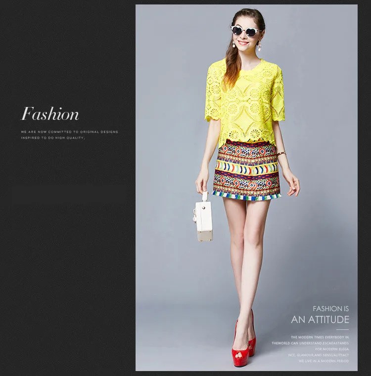 Water Soluble Flowers Lace Top Bohemian Mini Skirt Women Suits (9)