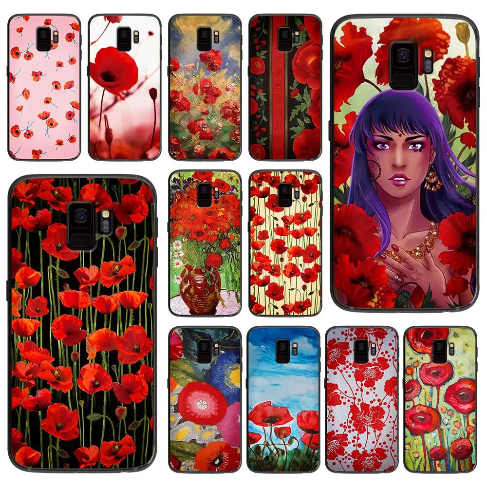 Красный Маки на черном стиле мягкий чехол для телефона samsung Galaxy S6 S7 S8 S9 S10e Plus Note 8 9