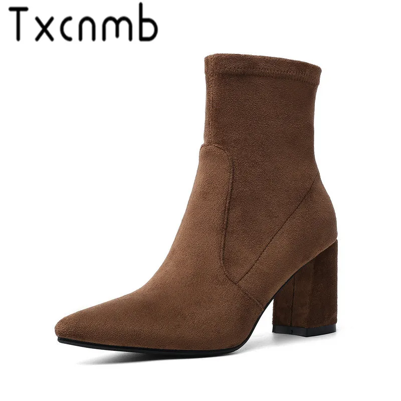 

TXCNMB New Boots Women Flock Leather Ankle Boots Autumn Winter Boots Simple Slip-on Elegant High Heel Shoes Woman
