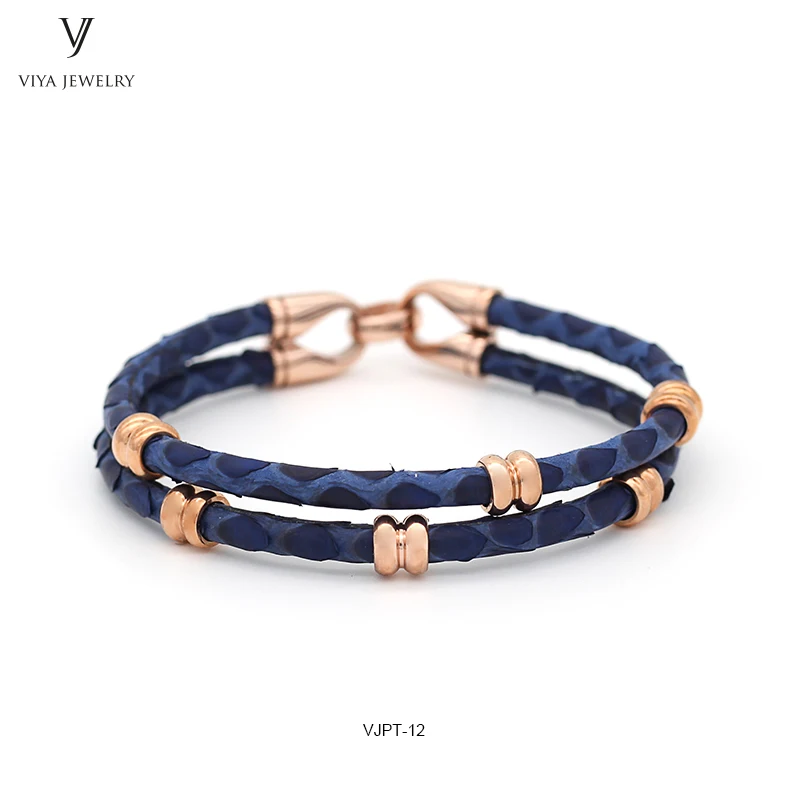 natural ,baby pink,blue,grey python leather bracelet with rose gold beads hardware fashion python bracelet (4)