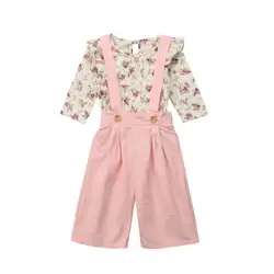 Одежда для девочек Детская футболка с длинными рукавами и цветочным рисунком Топы + розовый комбинезон, широкие штаны, брюки, комплект