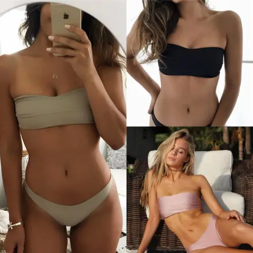 

New hot Women Bathing Suit High Waist Swimsuit solid color Swimwear Push up padded Bikini Set bandeau bandage beachwear biquini