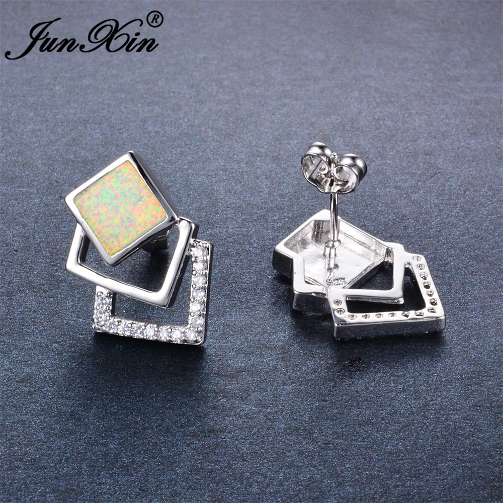 

JUNXIN 2017 Fashion Geometric Female White Fire Opal Stud Earring 925 Sterling Silver Filled Jewelry Double Earrings For Women