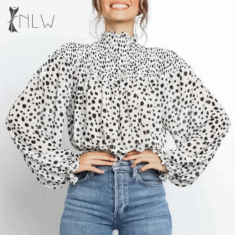

NLW Leopard Print Blouses and Tops Women Turtleneck Long Sleeve Blouses Shirts Lace up Chiffon Autumn Winter Blouses Blusa Mujer
