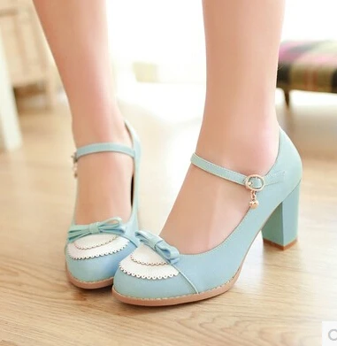 

Korean version of the small fresh spring fashion buckle thick with shallow mouth sweet bow high-heeled shoes 4043 big yards