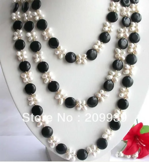 

huij 002343 3rows Natural White pearl Black Agate Necklace 4.30