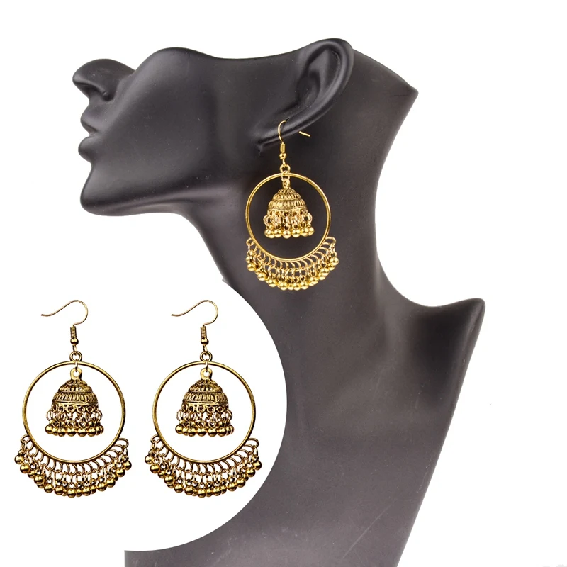 Indian Jhumka Jewelry Gold Sliver Small Bells Drop Tassel Earrings Women Girls Boho Ethnic Big Round Circle Dangling Earring