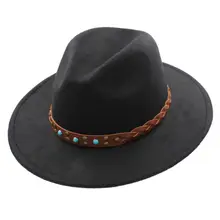 Mistdawn Для мужчин Для женщин шерсть Панама шляпа с широкими полями Джаз Шапки фетровая шляпа Caps Бирюзовый Плетеный кожаный ремень Группа Размеры 56-58 см