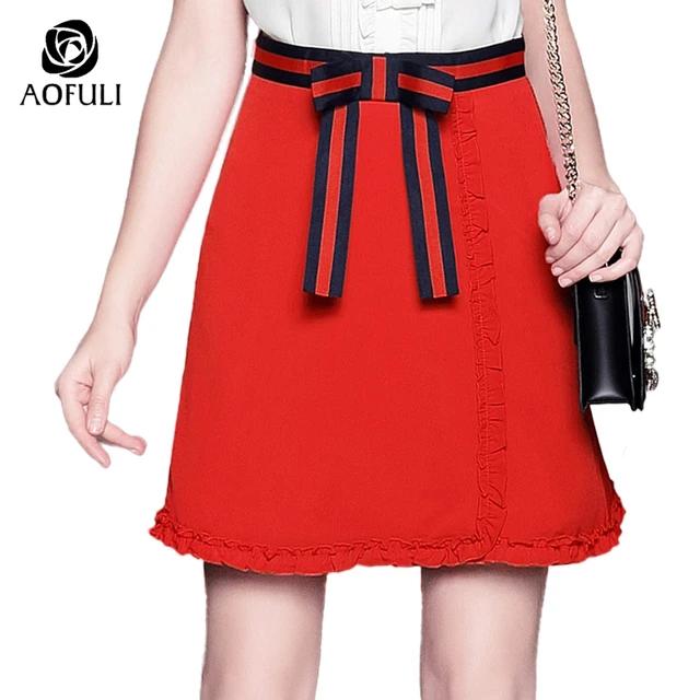 aofuli s 5xl woven band ribbon bow skirt 2017 romantic ruffle red skirts plus size