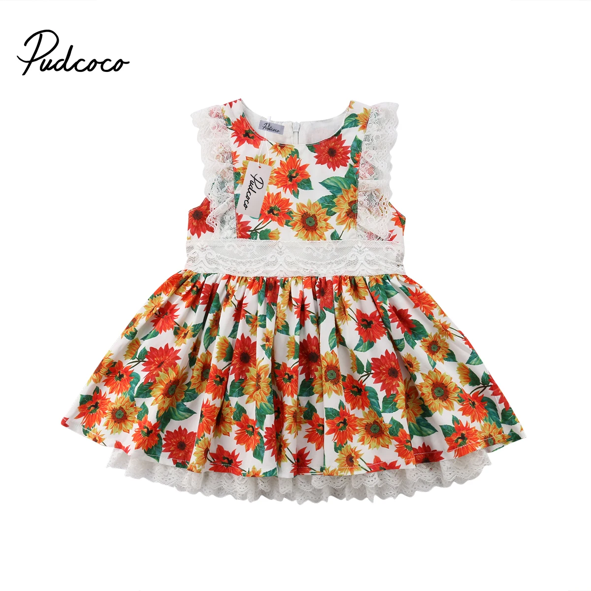 

2018 Brand New Infant Toddler Sunflower Toddler Baby Kids Girls Summer Floral Lace Casual Dress Clothes 1-6T