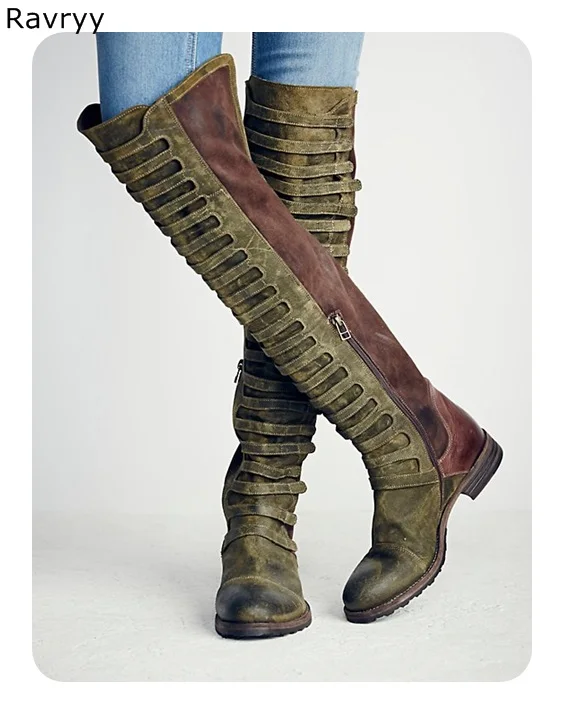 Cool Retro Army Green Woman Long Boots Suede Lather Patch Work Low Heel Knee-high Boot Autumn Winter Fashion Female Shoes