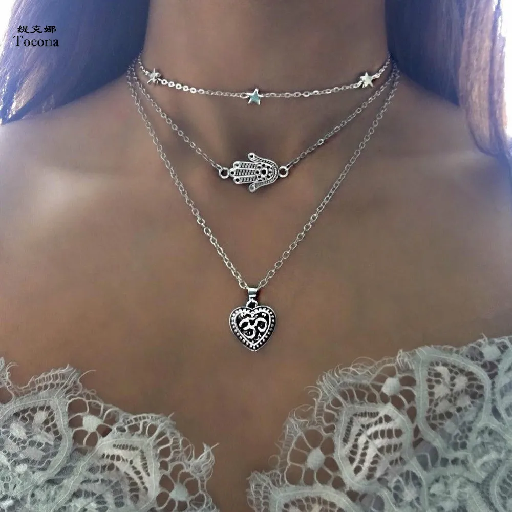

Tocona Bohemian Antique Silver Heart Hand Star Pendant Chokers Necklaces Multi Layer Necklace Collar for Women Jewelry 5013