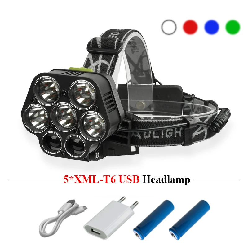 

7 led head lamp Red light blue green light source cree xml t6 usb headlight chagre fishing headlamp 18650 waterproof head torch