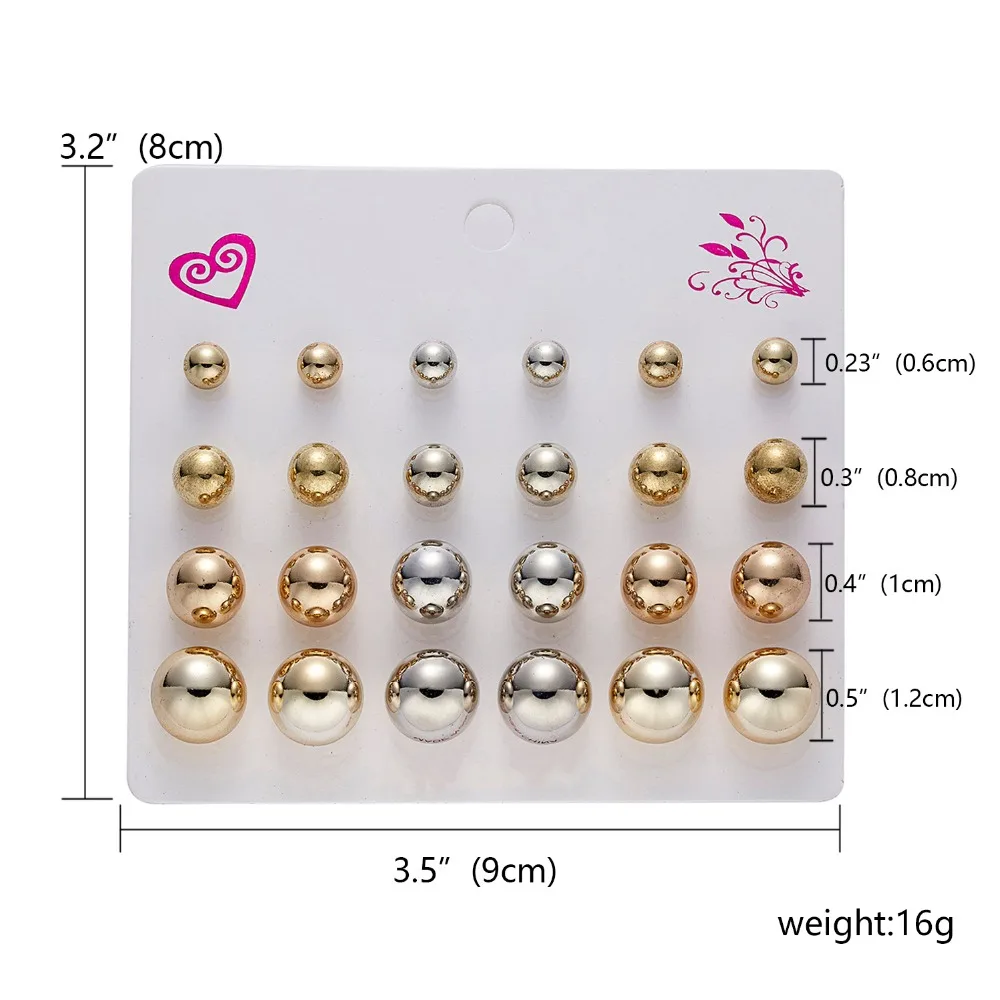12Pairs/set Zircon Crystal Round Ball Geometry Earring Sets Fashion Shining Rhinestone Gold Stud Earrings Women Jewelry - Image 2