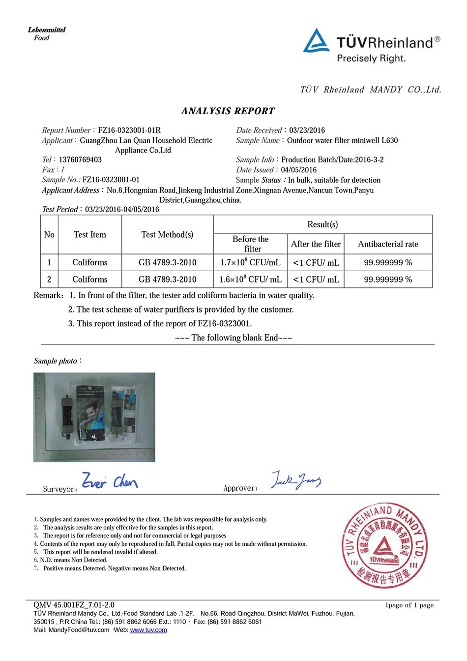 miniwell L630 TUV test report