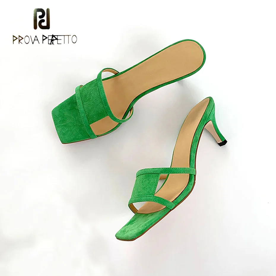 

Prova Perfetto green suede leather slippers women summer outdoor wear shoes square toe thin high heel fashion slides femininos