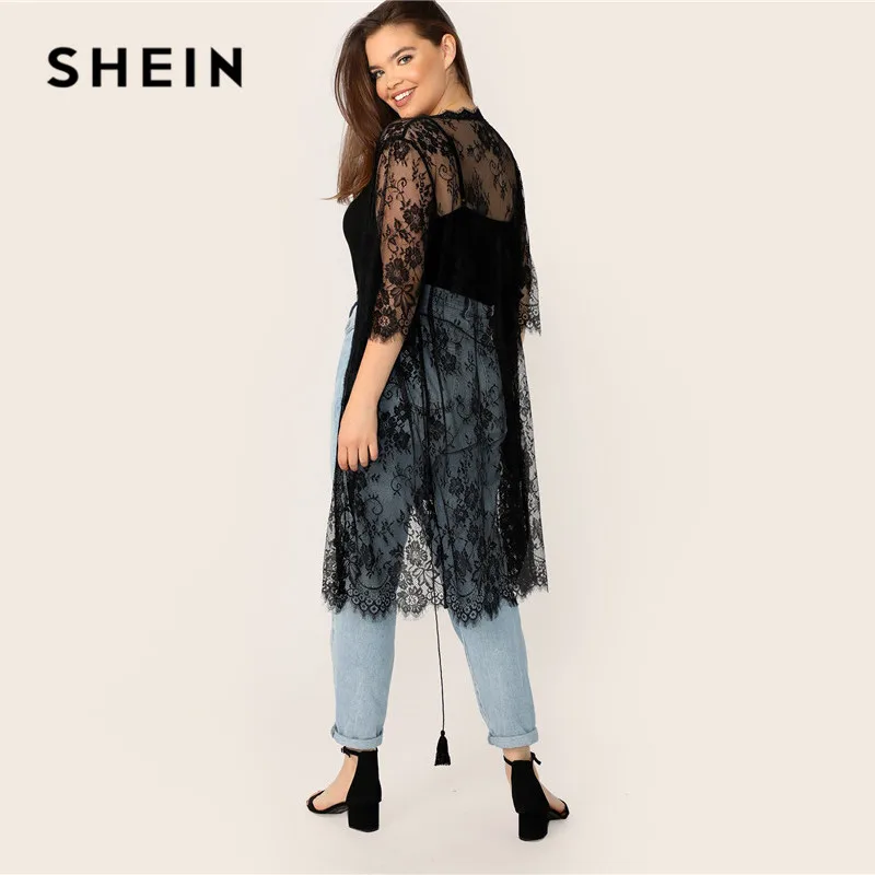 SHEIN Plus Size Black Sheer Eyelash Lace Kimono With Tassel Belt Women Summer Boho Half Sleeve Longline Contrast Lace Kimonos SHEIN Plus Size Black Sheer Eyelash Lace Kimono With Tassel Belt Women Summer Boho Half Sleeve Longline Contrast Lace Kimonos