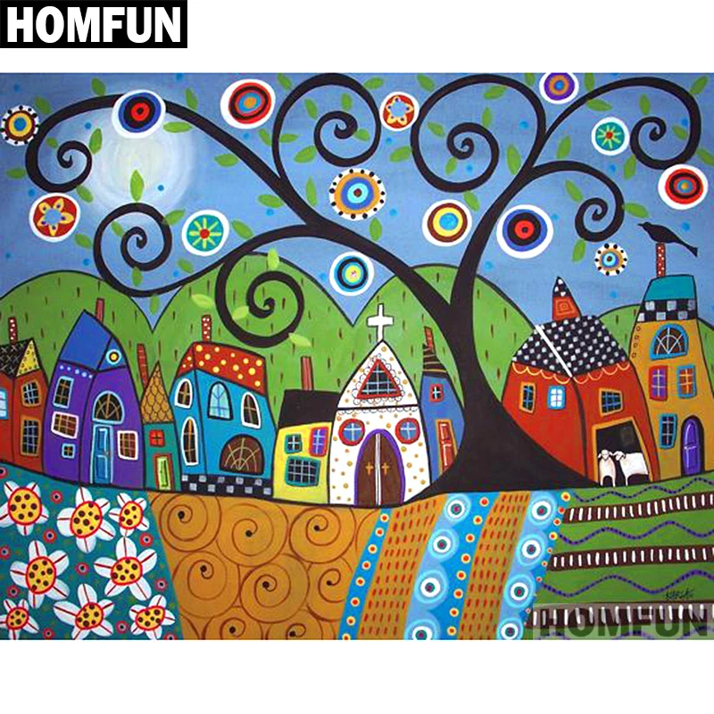 HOMFUN полная квадратная/круглая дрель 5D DIY Алмазная картина "абстрактные домики на дереве" вышивка крестиком 5D домашний декор A01298