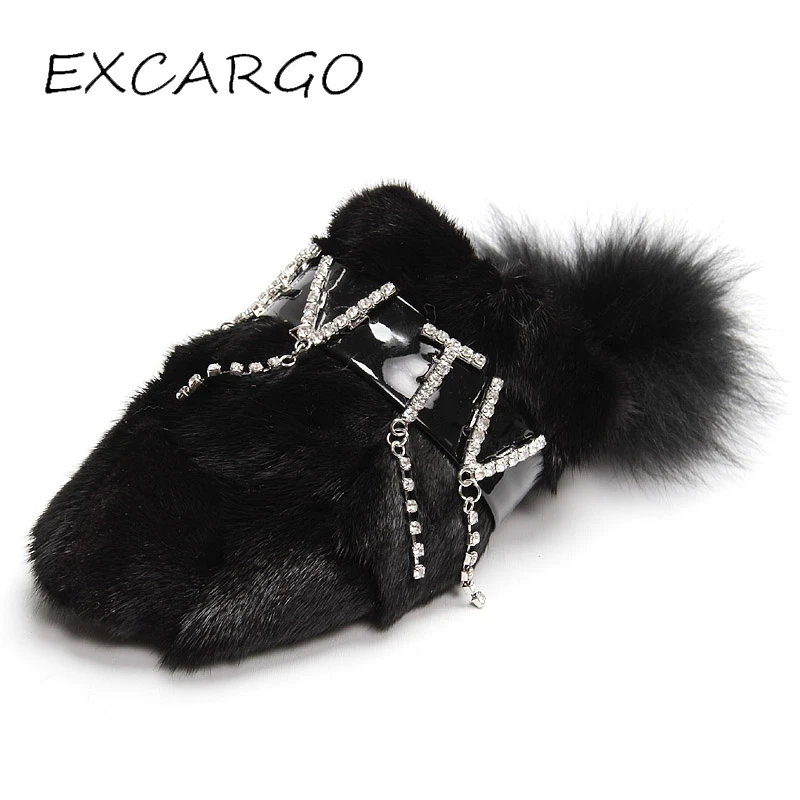 

EXCARGO Luxury Natural Mink Fur Winter Mullers Shoes Flats 2018 Winter New Rhinestone Female Fashion Casual Shoes Mullers Flats