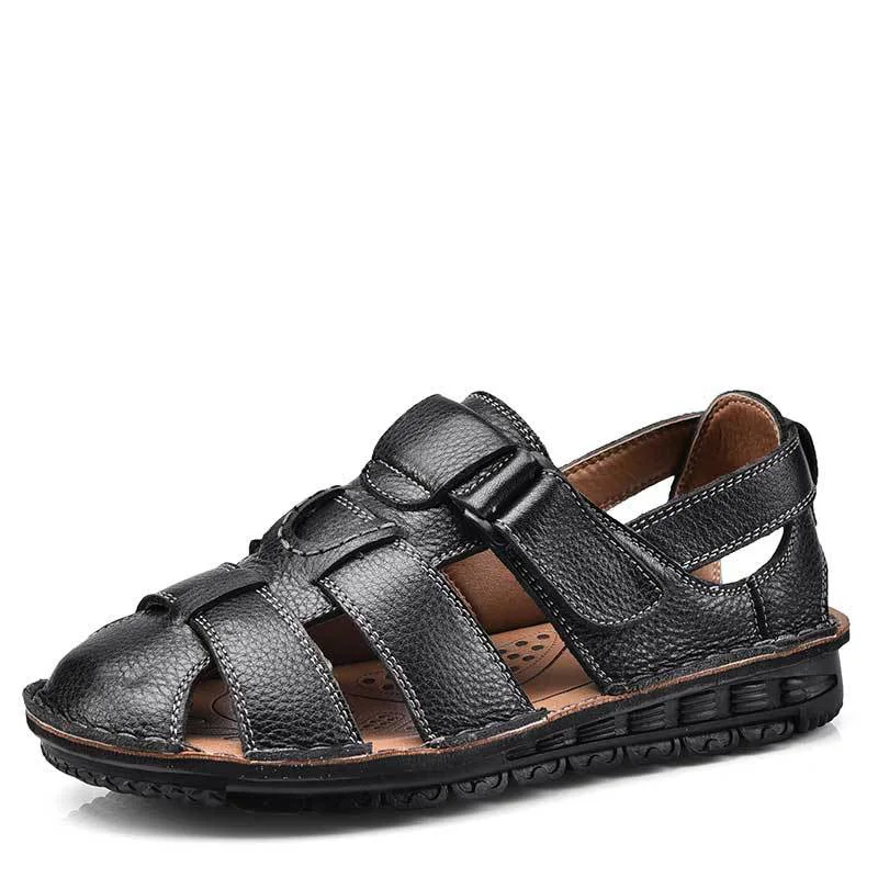 YWEEN/летние мужские сандалии; дышащие классические кожаные пляжные сандалии; мужская обувь на липучке; удобные мужские сандалии в римском стиле - Цвет: black