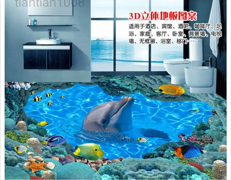 

Custom photo wallpapers 3d flooring painting murals Beautiful sea dolphin swimming mural painting floor Wall Stickers home decor