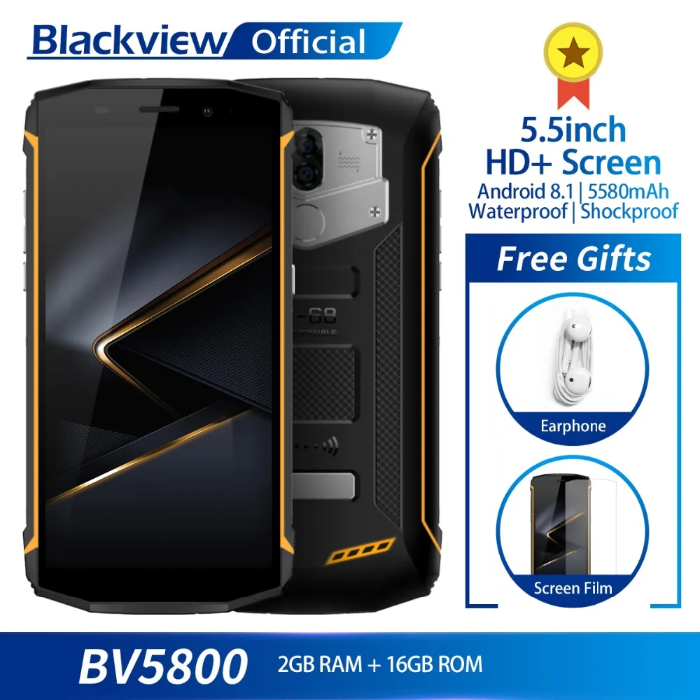Blackview BV5800 Водонепроницаемый смартфон MT6739 4 ядра 2 ГБ + 16 ГБ 5,5 "18:9 отпечатков пальцев 5580 мАч Quick Charge NFC 4 г мобильного телефона