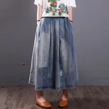 QPFJQD летние женские синие джинсовые юбки большого размера, тянущаяся Талия, повседневные женские длинные джинсовые юбки, Лоскутная юбка с дырками для весны и осени