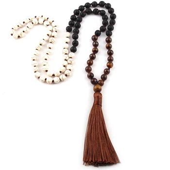 

Free Shipping Fashion Bohemian Tribal Jewelry Black/White/Brown Stone Long Knotted Stone Drop Pendant Necklace