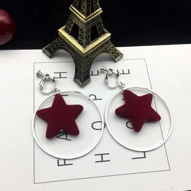 Грейс Jun высокое качество Медь Материал Большой Круглый Круг пятиконечная звезда клип на Серьги без пирсинг для Для женщин Рождество подарок