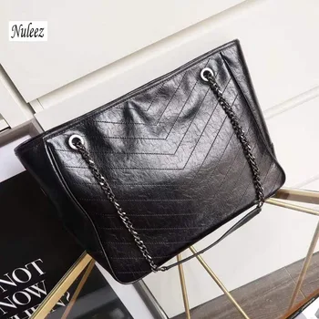 

Nuleez genuine leather tote-bag Niki women oil cowhide handbag ladies fashion V lines big shopping bag 2019 new