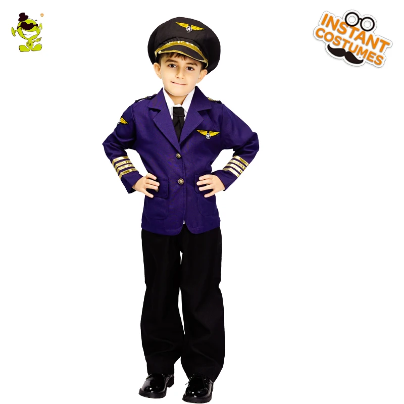 

QLQ New Boys Airline Pilot Costume Role Play Blue Color Airline Pilot Clothes Imitation Carnival Party Boy Pilot Clothing