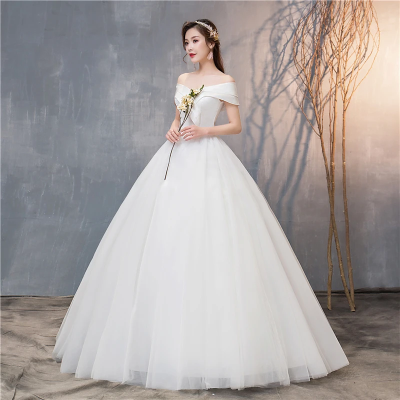 Off Shoulder Wedding Dress Satin V Neck Ball Gown Simple Formal Women Bridal Wedding Gown