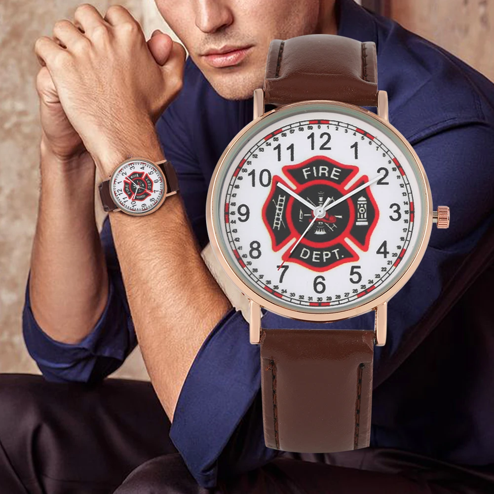 Мужские часы со специальным логотипом пожарной команды с пряжкой и кожаным ремешком, классические часы с арабскими цифрами, кварцевые наручные часы с циферблатом