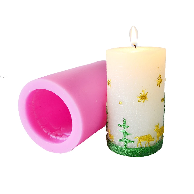 

Christmas Candle Silicone Mold Cylindrical with Trees and Deer Embossed Pattern DIY Handmade Soap Mould