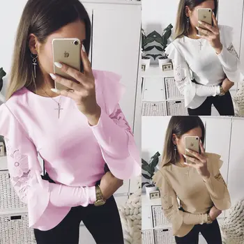 

Women Ladies Lace Ruffle Long Sleeve Blouse Round Neck Blouse Casual Solid Loose Tops Women Clothing