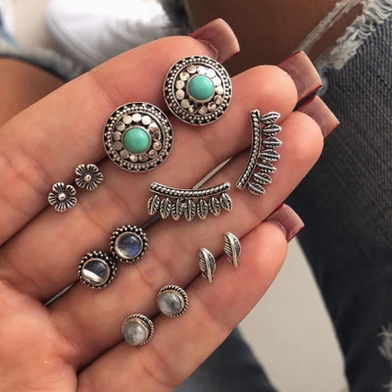 

6 Pair Ethnic Stud Earrings for Women Girl Antique Silver Color Crystal Vintage Earing Bohemian Style Summer Jewelry Cute Boho