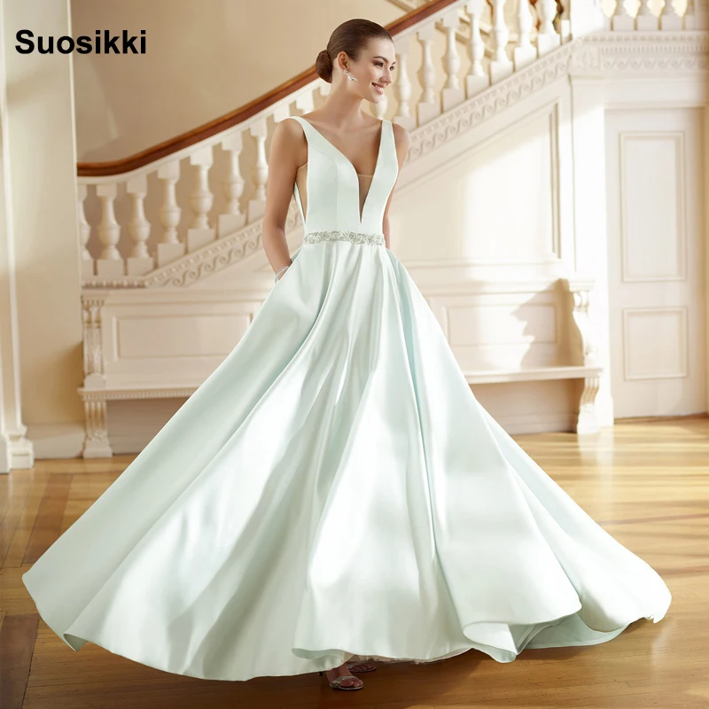 

V Neck Wedding Dresses Light blue Floor Length Applique Open Back Sleeveless A Line Backless Bridal Dress Vestido De Noiva