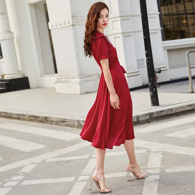 ARTKA летнее женское платье Питер Пэн воротник платье с вышивкой винтажные красные платья с поясом короткий рукав длинное платье LA15997X