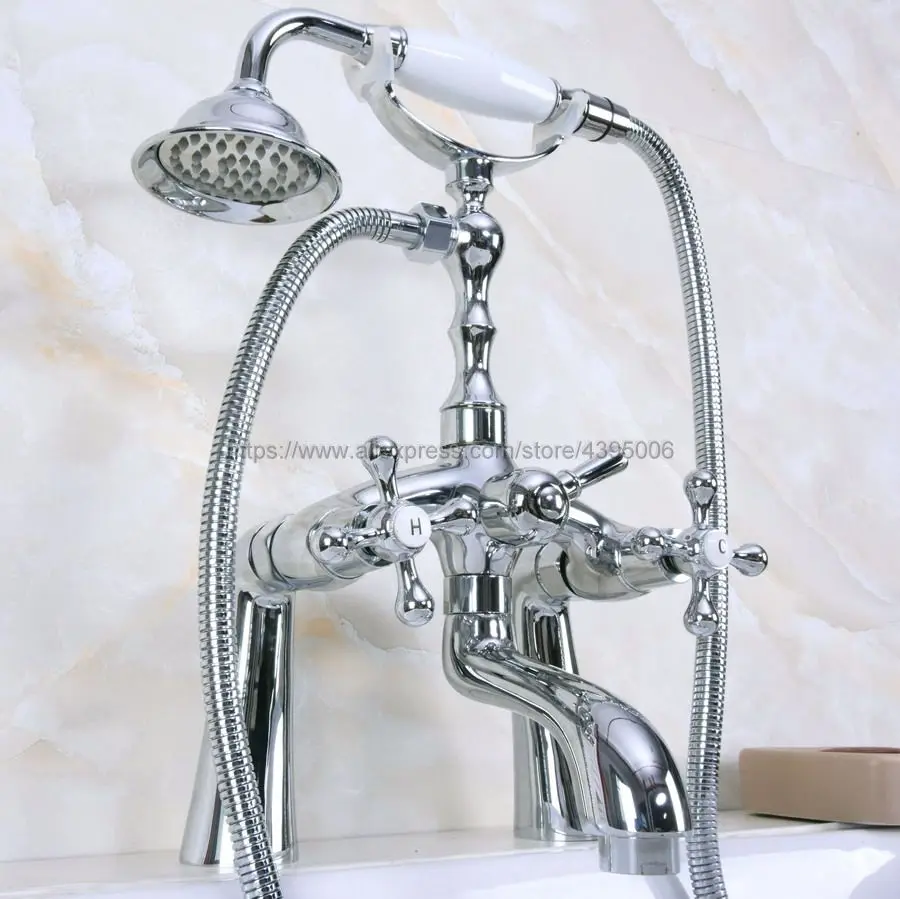 

Polished Chrome Bathtub Faucets Deck Mounted Telephone Style Clawfoot Tub Mixer Tap with Handheld Spray Shower Bna123